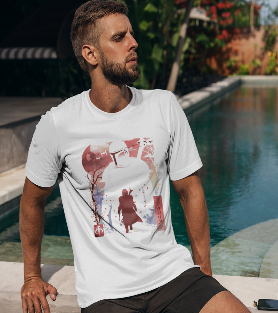 Lone Gunfighter Mandalorian Creed Japanese Text Star Wars Art Red Blue Yellow T-Shirt
