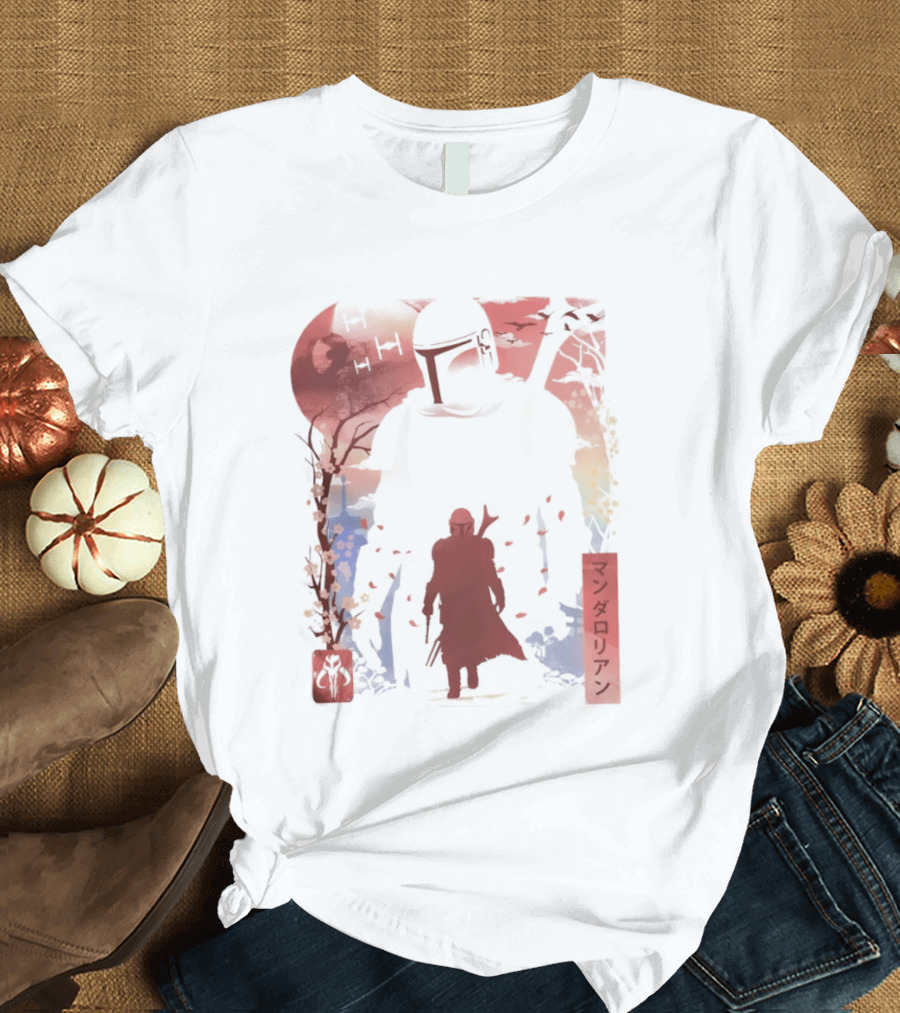 Lone Gunfighter Mandalorian Creed Japanese Text Star Wars Art Red Blue Yellow T-Shirt