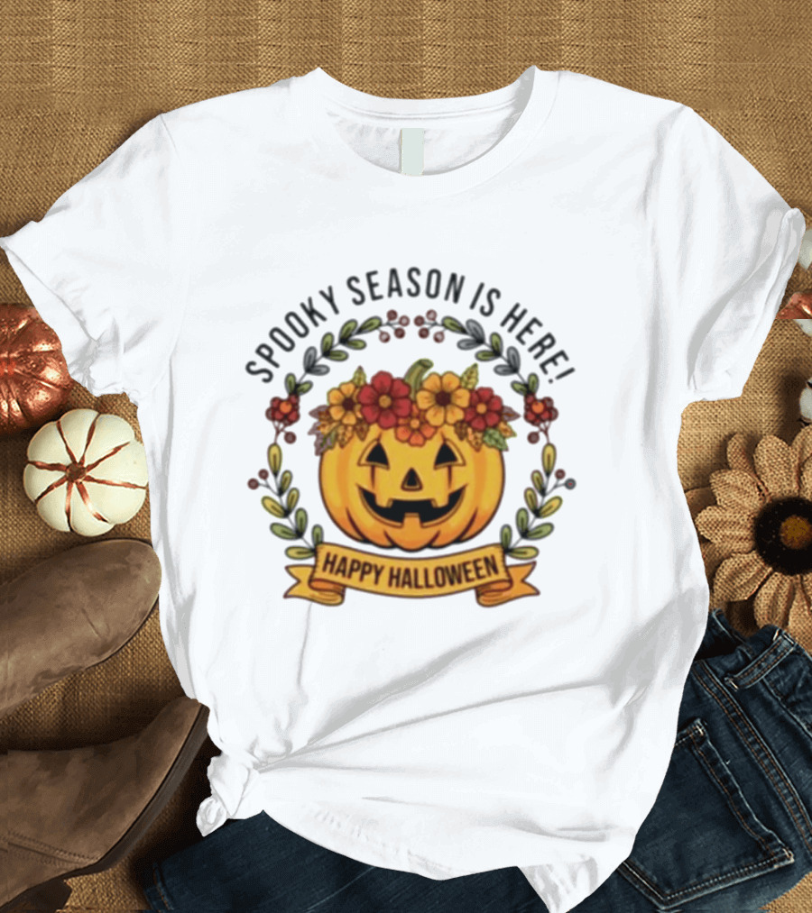 Spooky Season Is Here Happy Halloween Pumpkin With Flowers T-Shirt