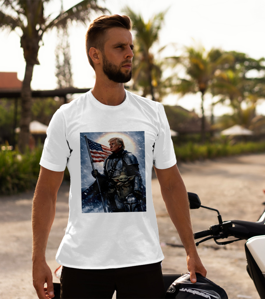 Donald Trump As The Mandalorian Holding American Flag With Grogu Star Wars T-Shirt
