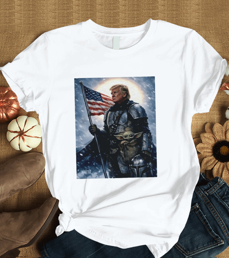 Donald Trump As The Mandalorian Holding American Flag With Grogu Star Wars T-Shirt