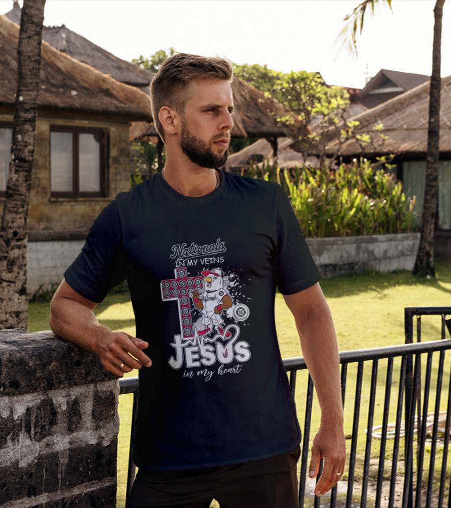 Nationals In My Veins Jesus In My Heart Baseball Cross Christian T-Shirt