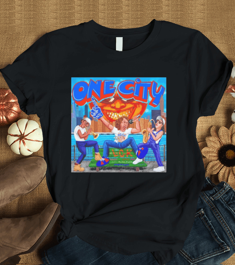 ONE CITY NYC DugLust Jazz Trio Band Performing In New York City With Skyscrapers And Music Players T-Shirt