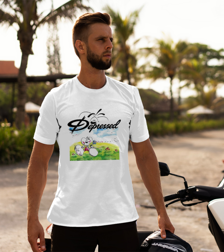 Depressed Diddl White Gerbil Cartoon In Spring Meadow T-Shirt