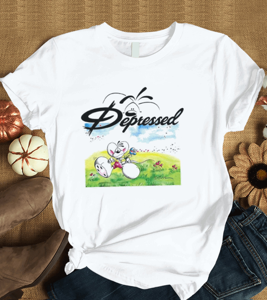 Depressed Diddl White Gerbil Cartoon In Spring Meadow T-Shirt