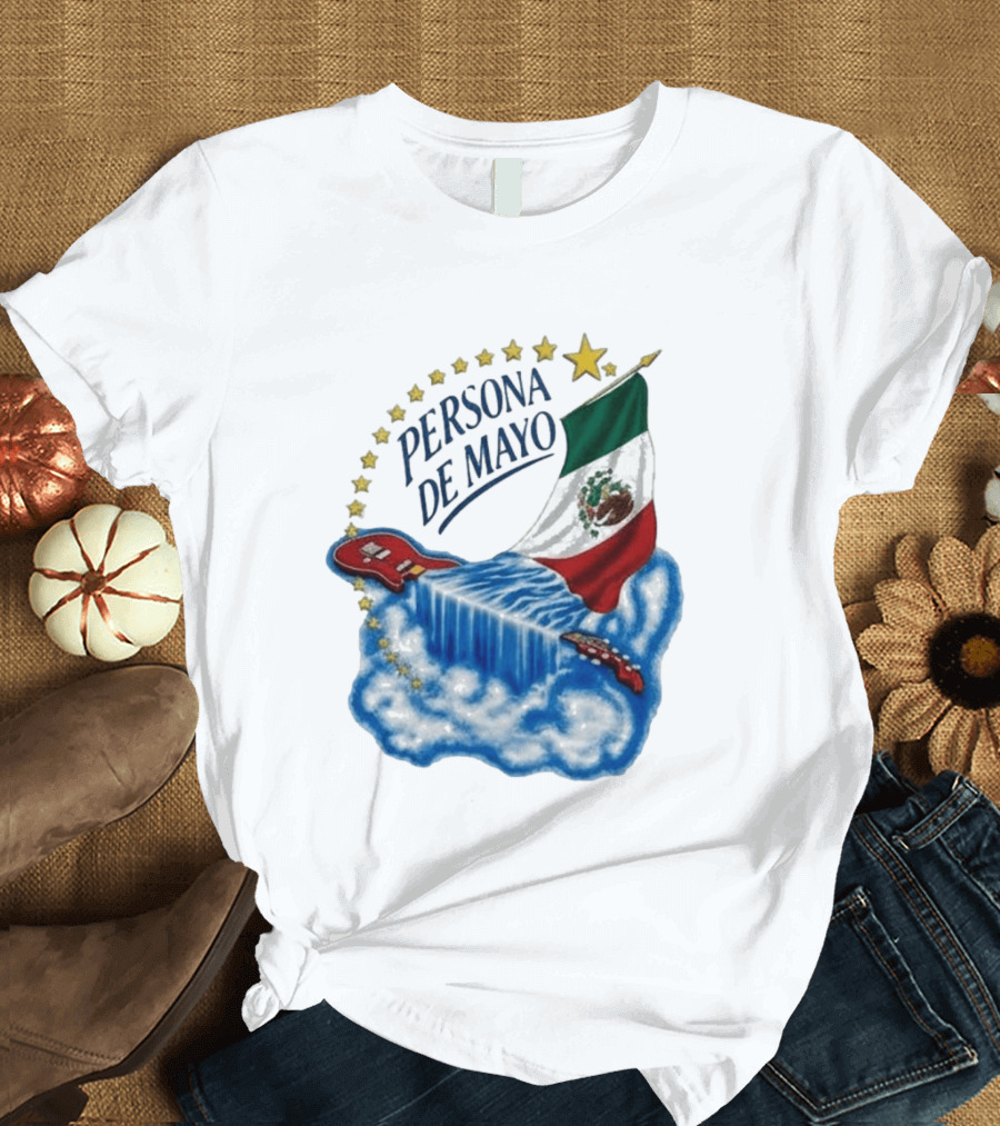 Persona De Mayo Mexican Flag Guitar Waterfall Stars T-Shirt