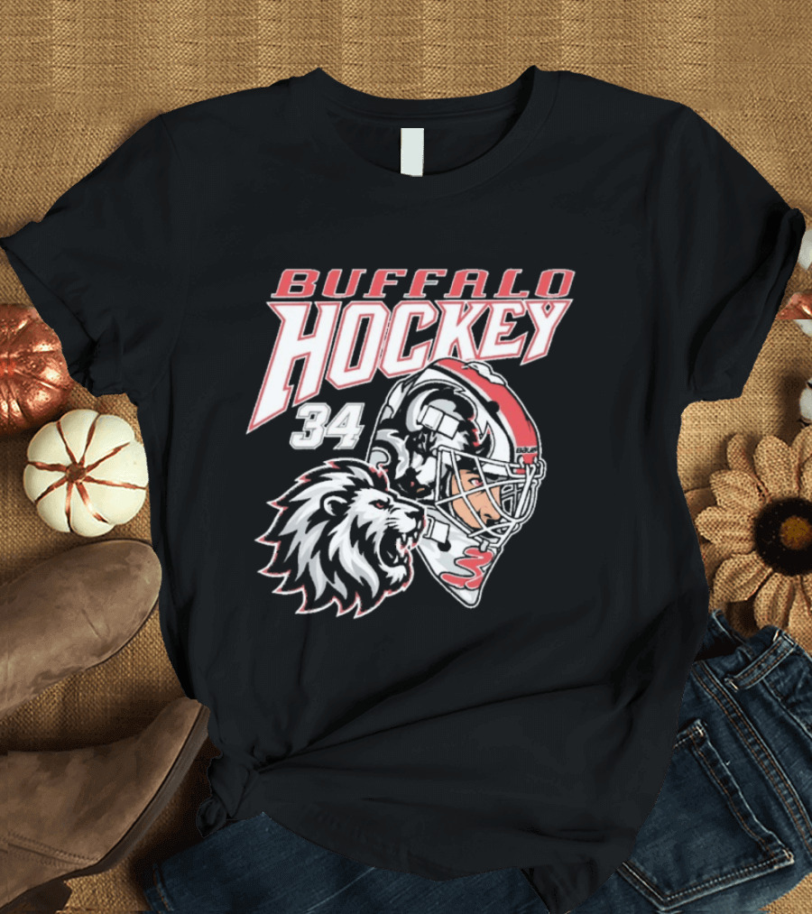 Buffalo Hockey 34 The Lyons Den Lion And Hockey Helmet T-Shirt