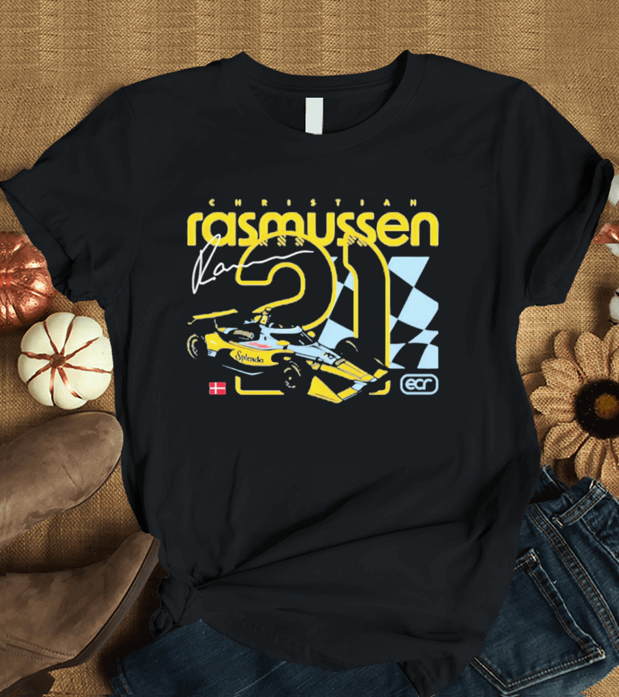 Christian Rasmussen ECR Number 21 Racing Splendor Denmark Flag Checkerboard T-Shirt