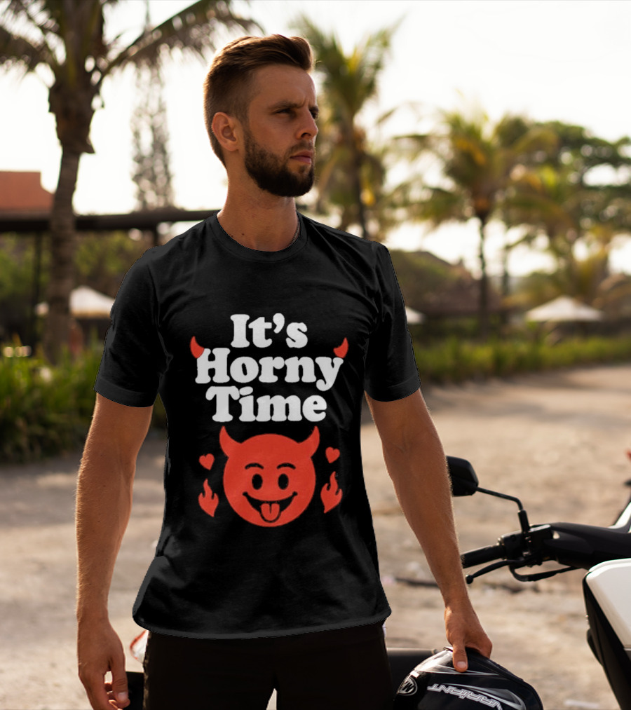 It's Horny Time Devil Red Face With Flames And Hearts T-Shirt