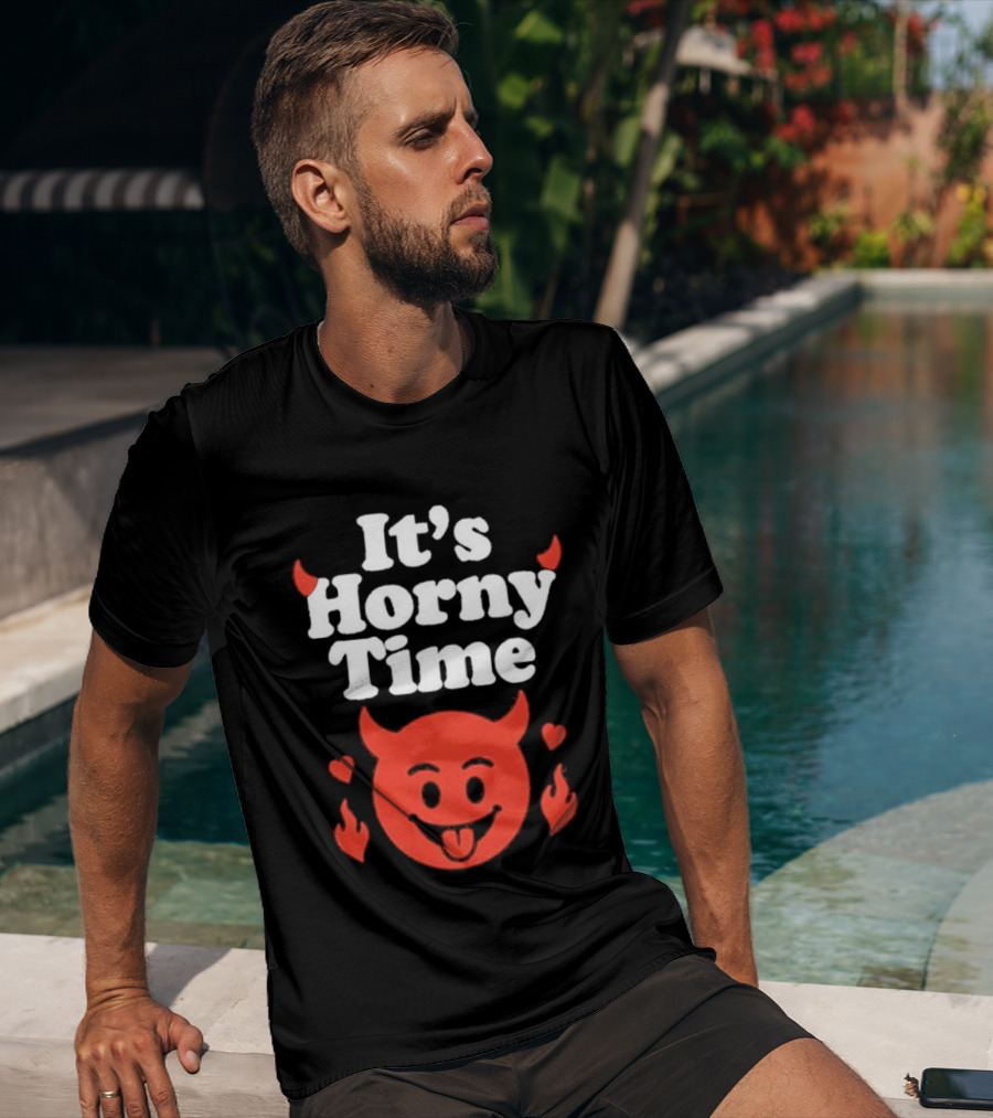 It's Horny Time Devil Red Face With Flames And Hearts T-Shirt