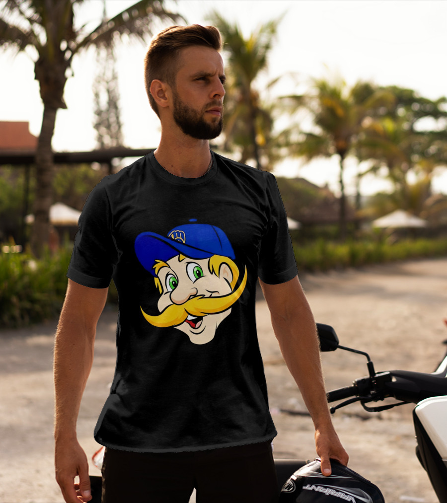 Milwaukee Brewers Big Face Mascot With Blue Cap And Mustache T-Shirt