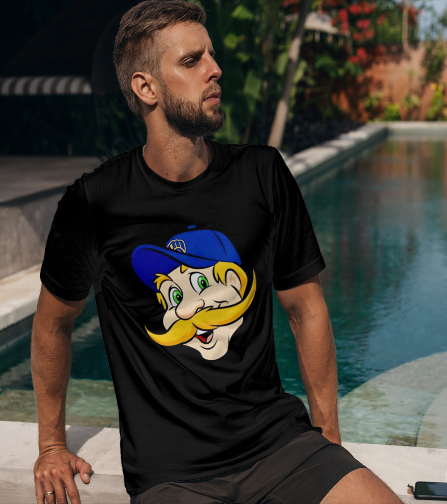 Milwaukee Brewers Big Face Mascot With Blue Cap And Mustache T-Shirt
