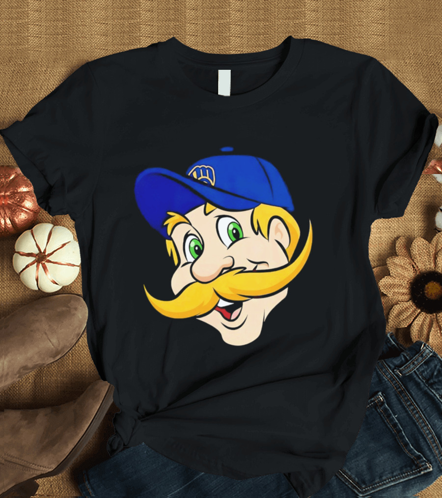 Milwaukee Brewers Big Face Mascot With Blue Cap And Mustache T-Shirt