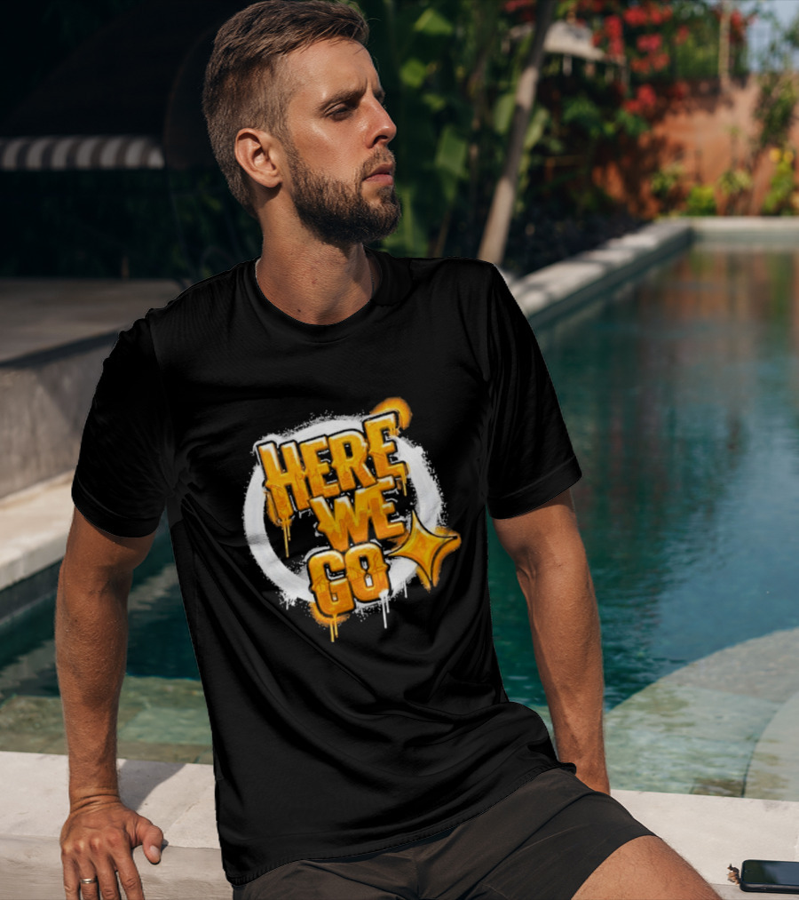 Pittsburgh Steelers Here We Go Yellow Graffiti Text With Star T-Shirt