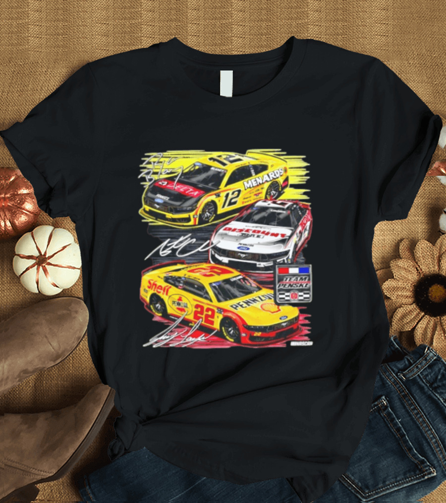 Team Penske 60th Anniversary NASCAR Racing Cars With Menards Shell Pennzoil Discount Tire Sponsors And Driver Signatures T-Shirt