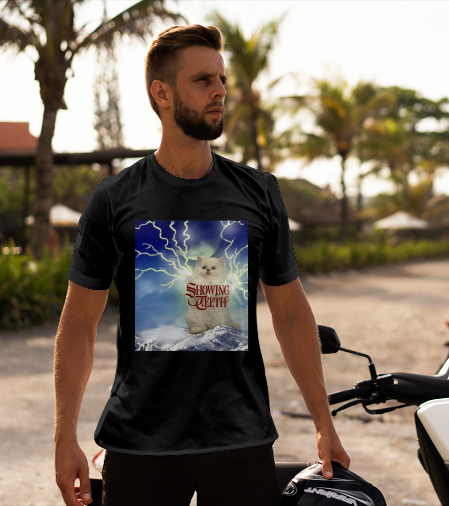 Showing Teeth Cat With Lightning Background In Blue Sky T-Shirt