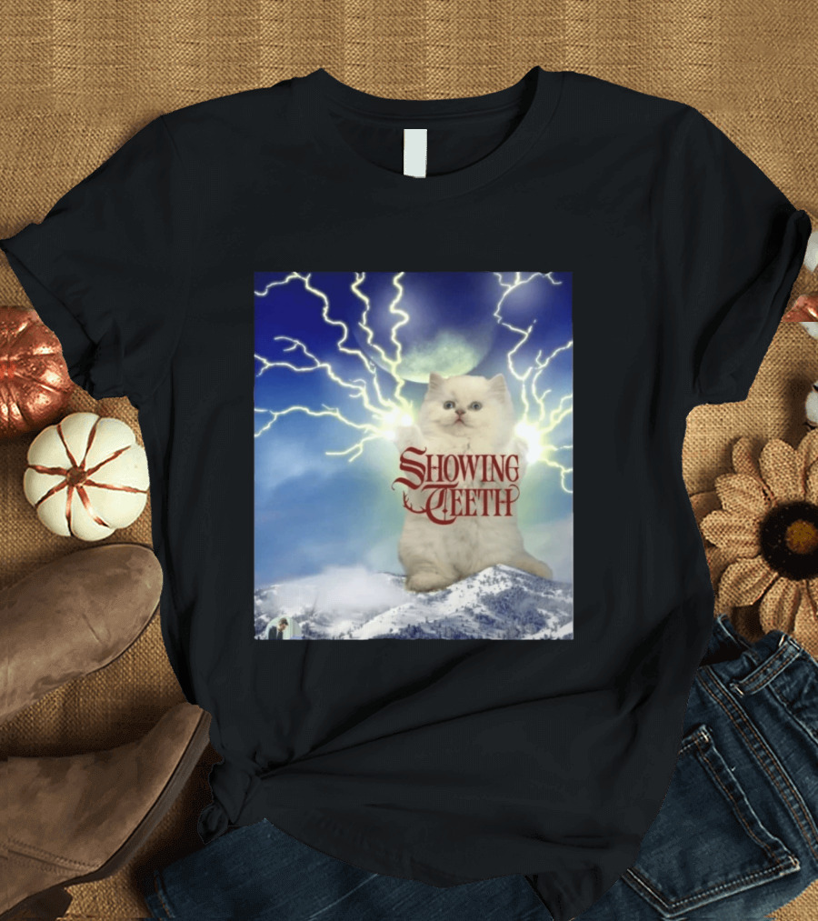 Showing Teeth Cat With Lightning Background In Blue Sky T-Shirt