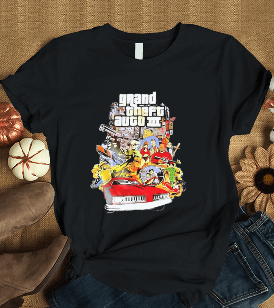 Grand Theft Auto III Characters Action Collage With Iconic Red Car T-Shirt