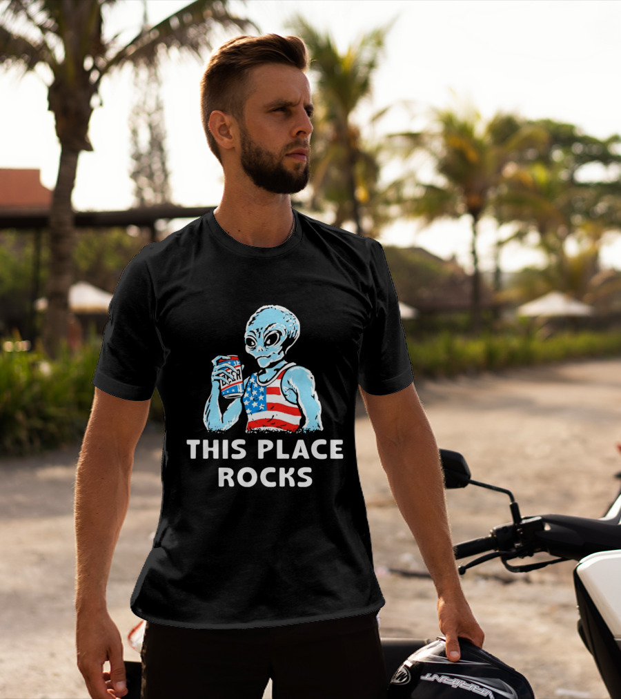 This Place Rocks Blue Alien With American Flag Tank And Beer Can T-Shirt