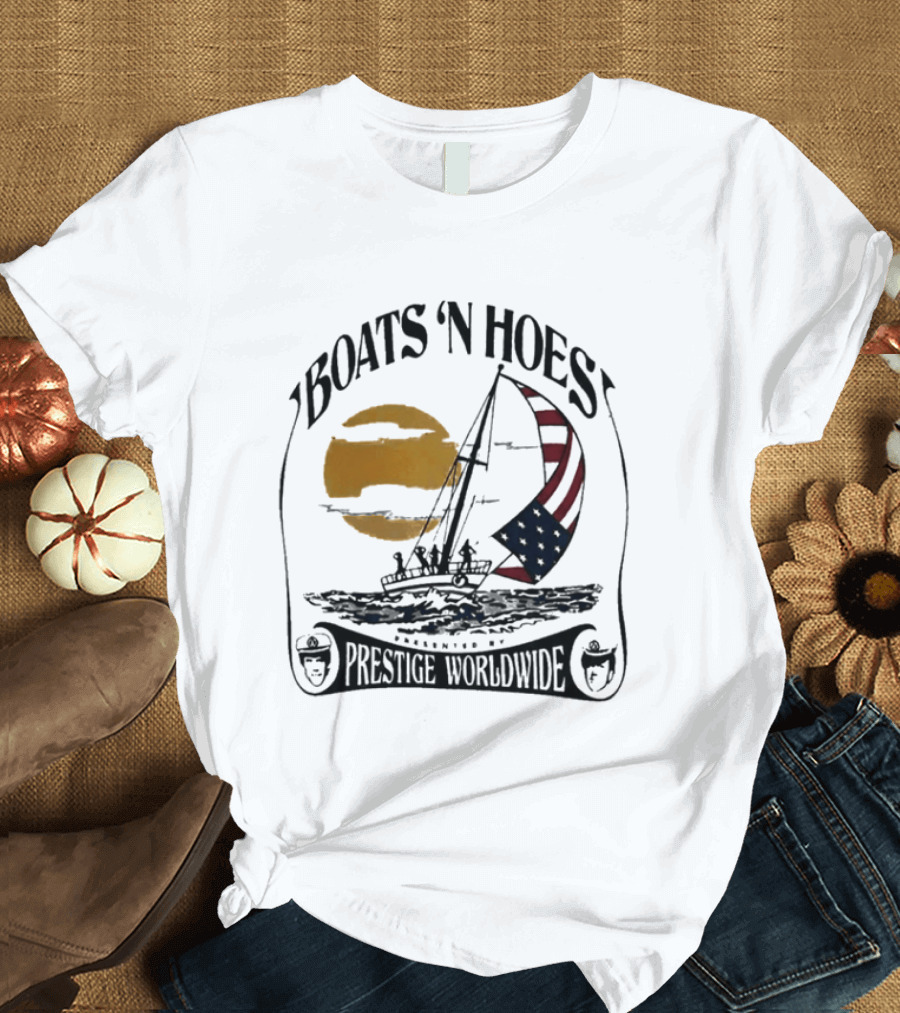 Boats N Hoes Prestige Worldwide USA Flag Sailing Sun Ocean T-Shirt