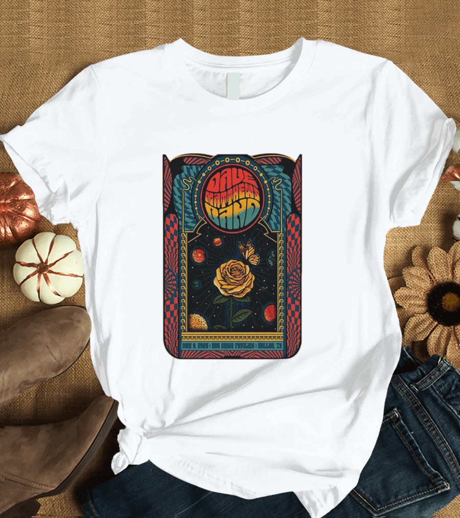 Dave Matthews Band May 9 2026 Dos Equis Pavilion Dallas TX Retro Psychedelic Butterfly Rose Planet T-Shirt