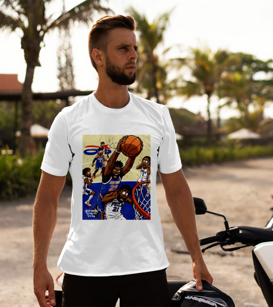 New York Knicks Mitchell Robinson Dunking On Philadelphia Joel Embiid Caricature 2026 Basketball Action T-Shirt