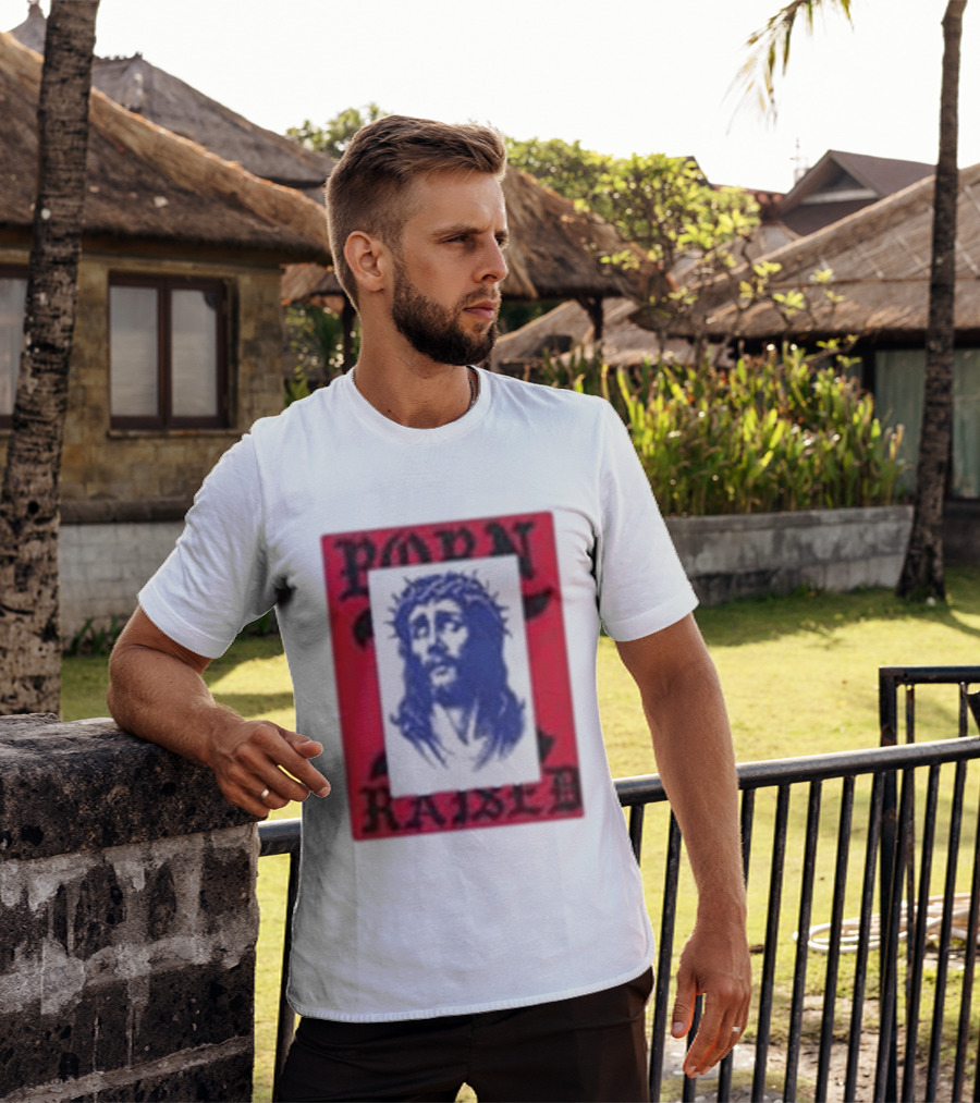 Born X Raised Salvation Jesus Crown Of Thorns Red Blue T-Shirt
