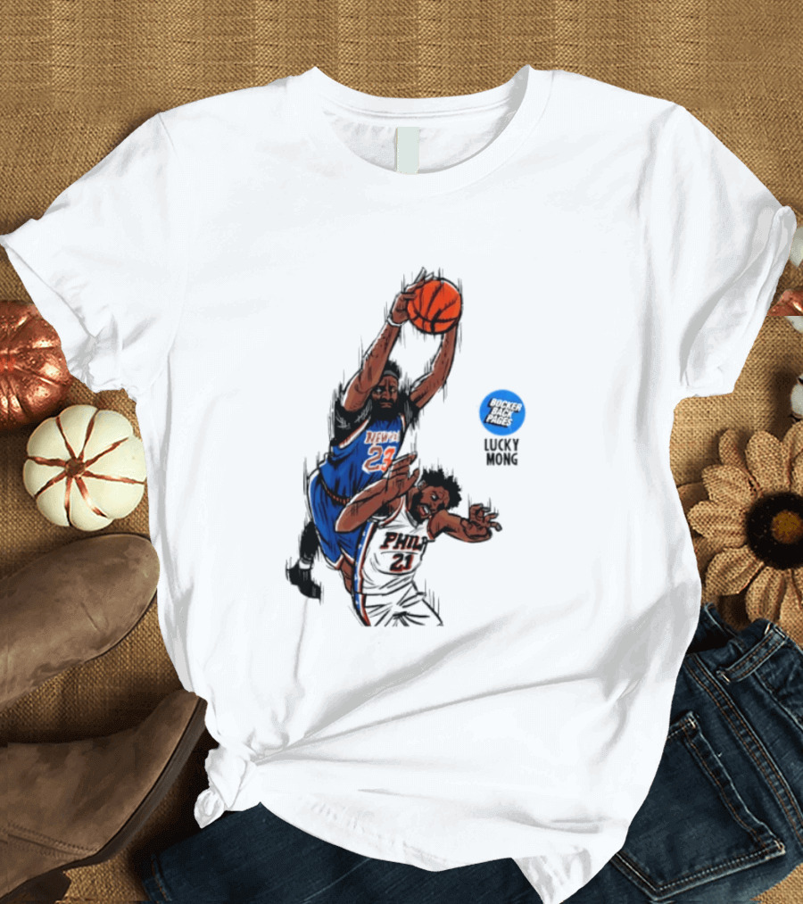 Knicks Vs 76ers Game 4 Iconic Moment Joel Embiid Mitchell Robinson NBA Matchup T-Shirt