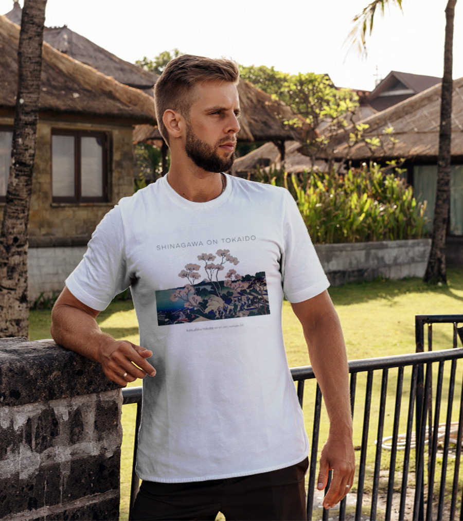 Shinagawa On Tokaido Katsushika Hokusai Cherry Blossoms And Travelers In Edo Period Japan T-Shirt