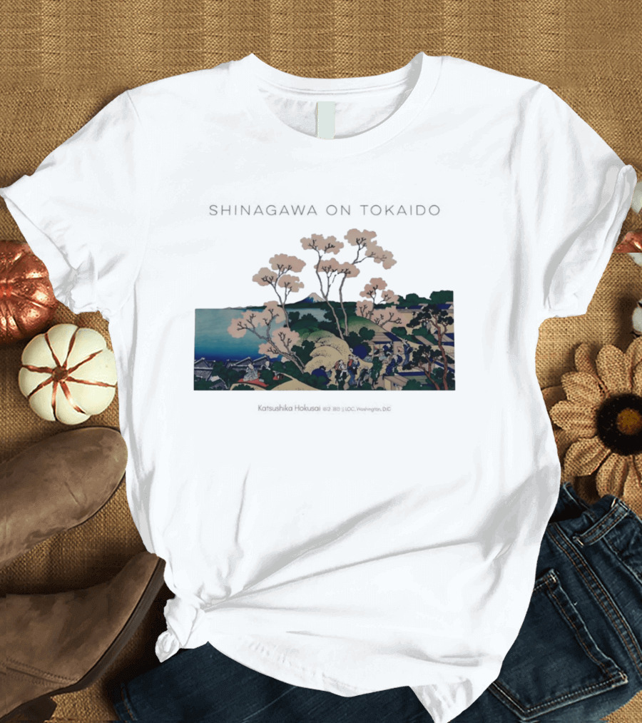 Shinagawa On Tokaido Katsushika Hokusai Cherry Blossoms And Travelers In Edo Period Japan T-Shirt