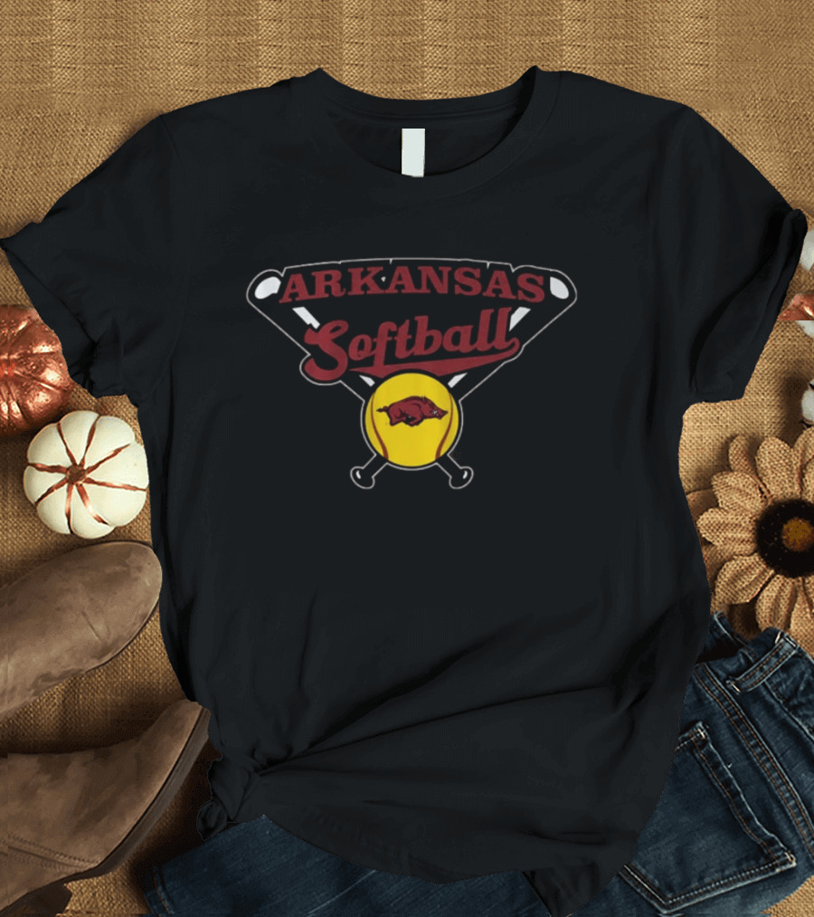 Arkansas Softball Crossed Bats Razorbacks Yellow Ball T-Shirt