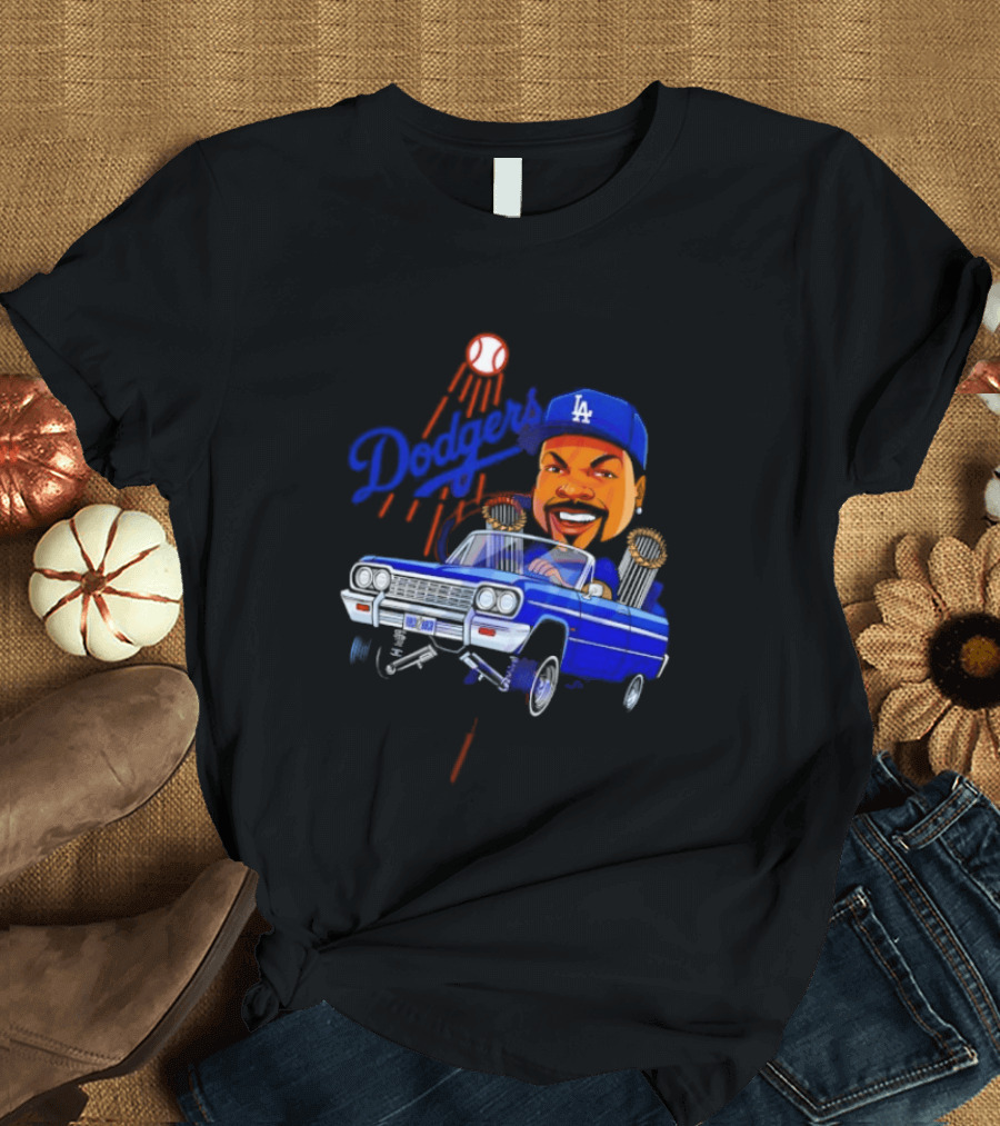 Ice Cube Cartoon Driving Lowrider Los Angeles Dodgers Baseball T-Shirt