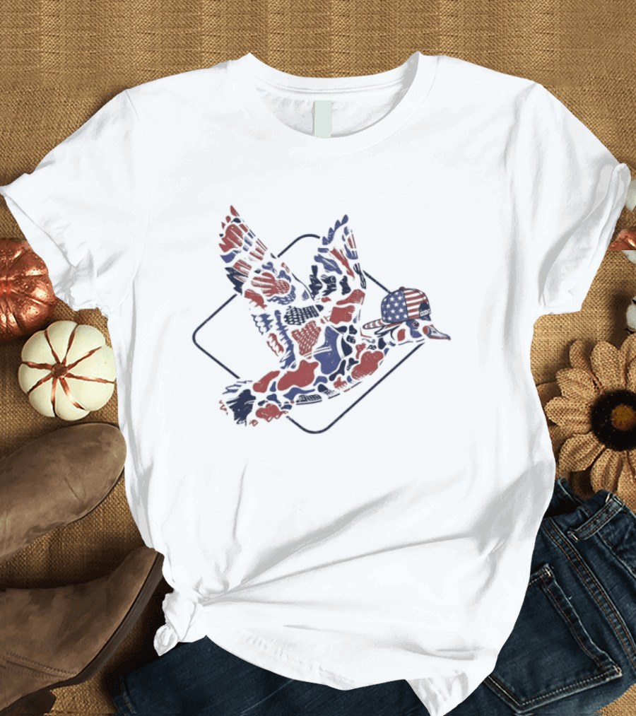 Camo Flying Mallard Duck USA American Flag Independence Day T-Shirt