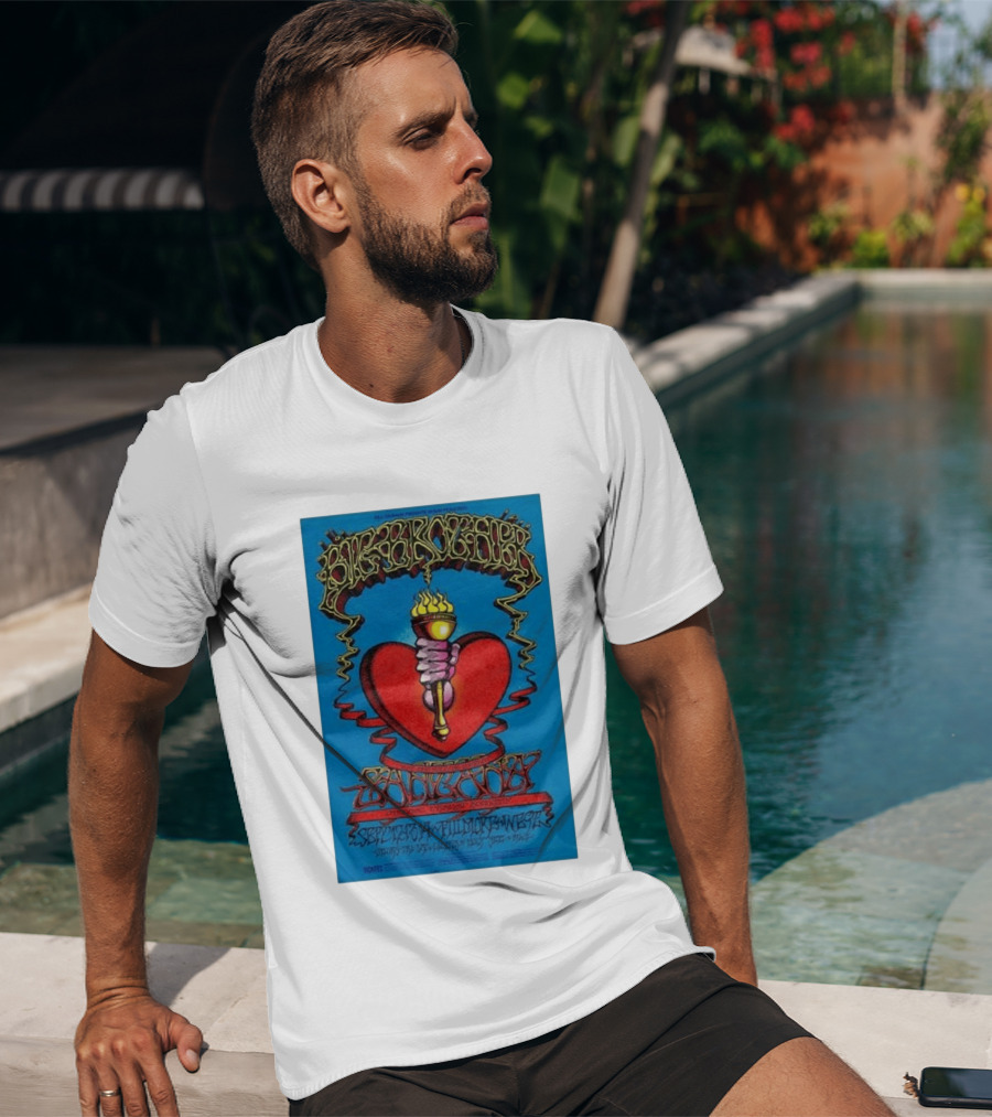 Big Brother The Holding Company Blue Background Red Heart And Torch Iconic Psychedelic T-Shirt