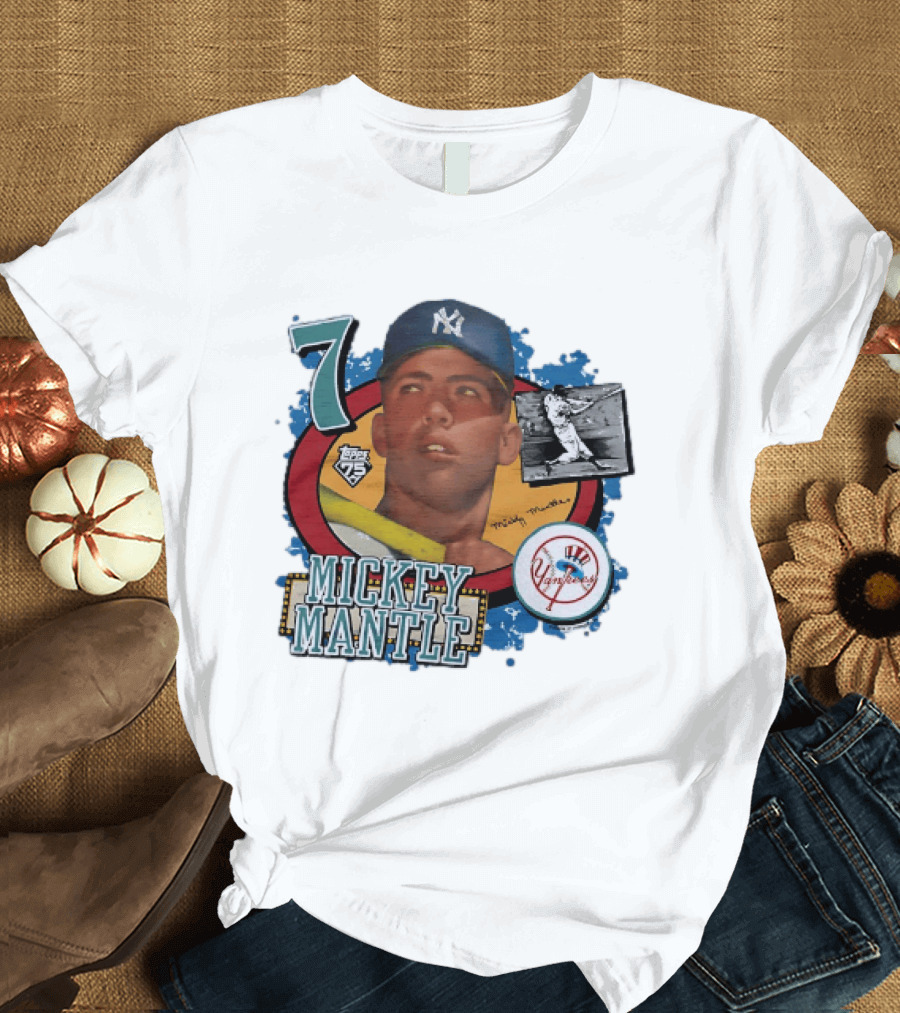 Mickey Mantle New York Yankees Topps 75 Number 7 Yankees Patch T-Shirt