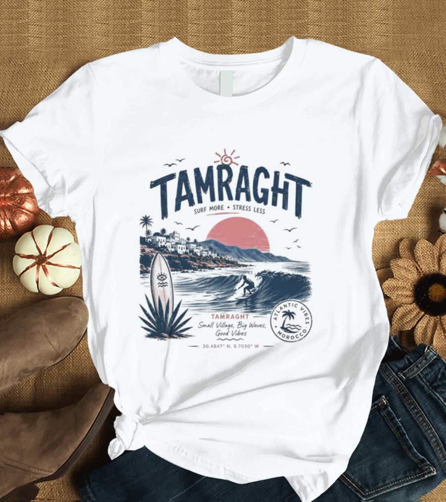 Tamraght Surf Maroc A Surfing Adventure Red Sun Ocean Waves T-Shirt