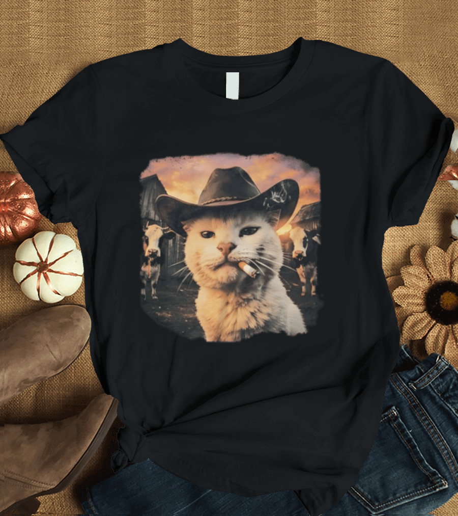 Cowboy Cat Smoking Cigarette In Rustic Barnyard Scene With Cows T-Shirt