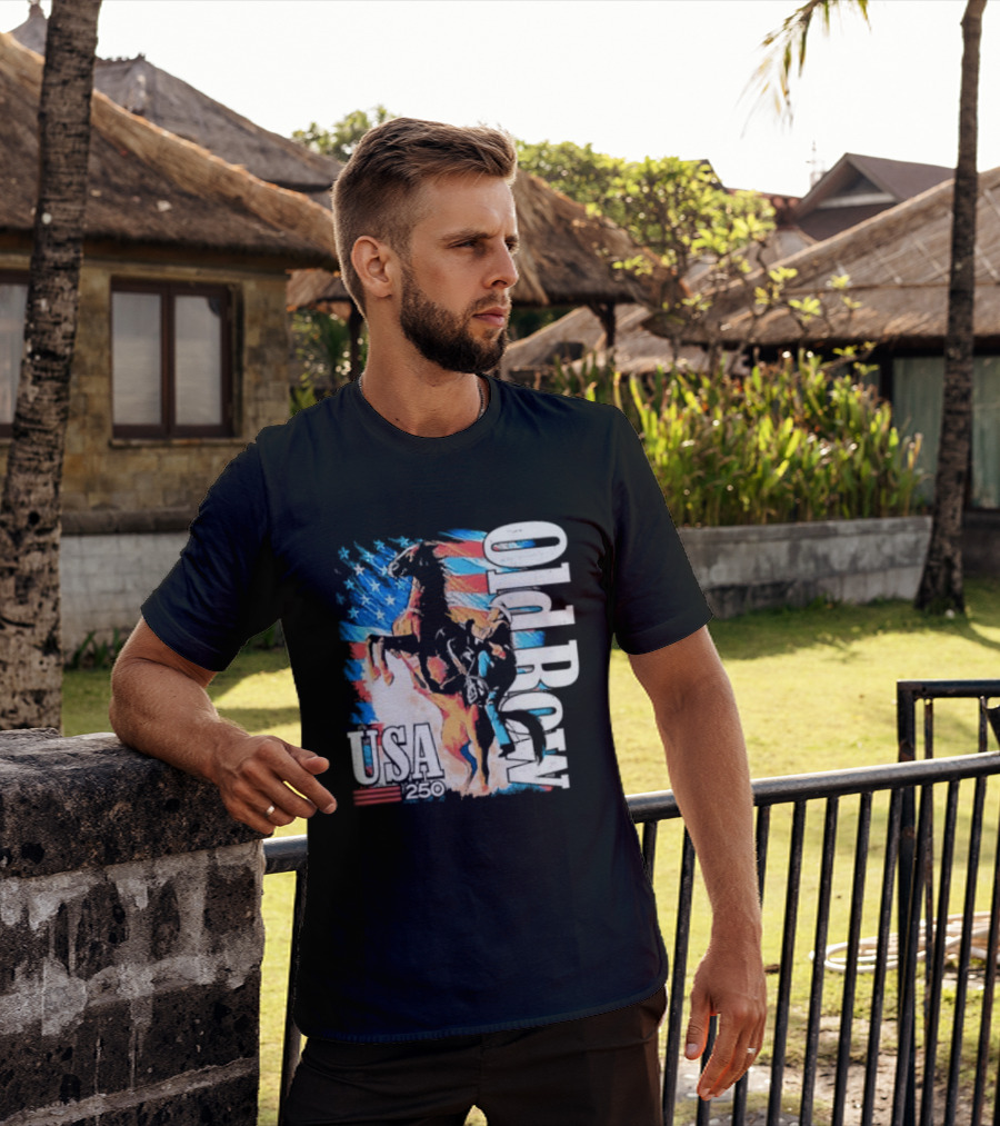 Cowboy Rodeo Rider With Horse USA Flag 250th Anniversary T-Shirt