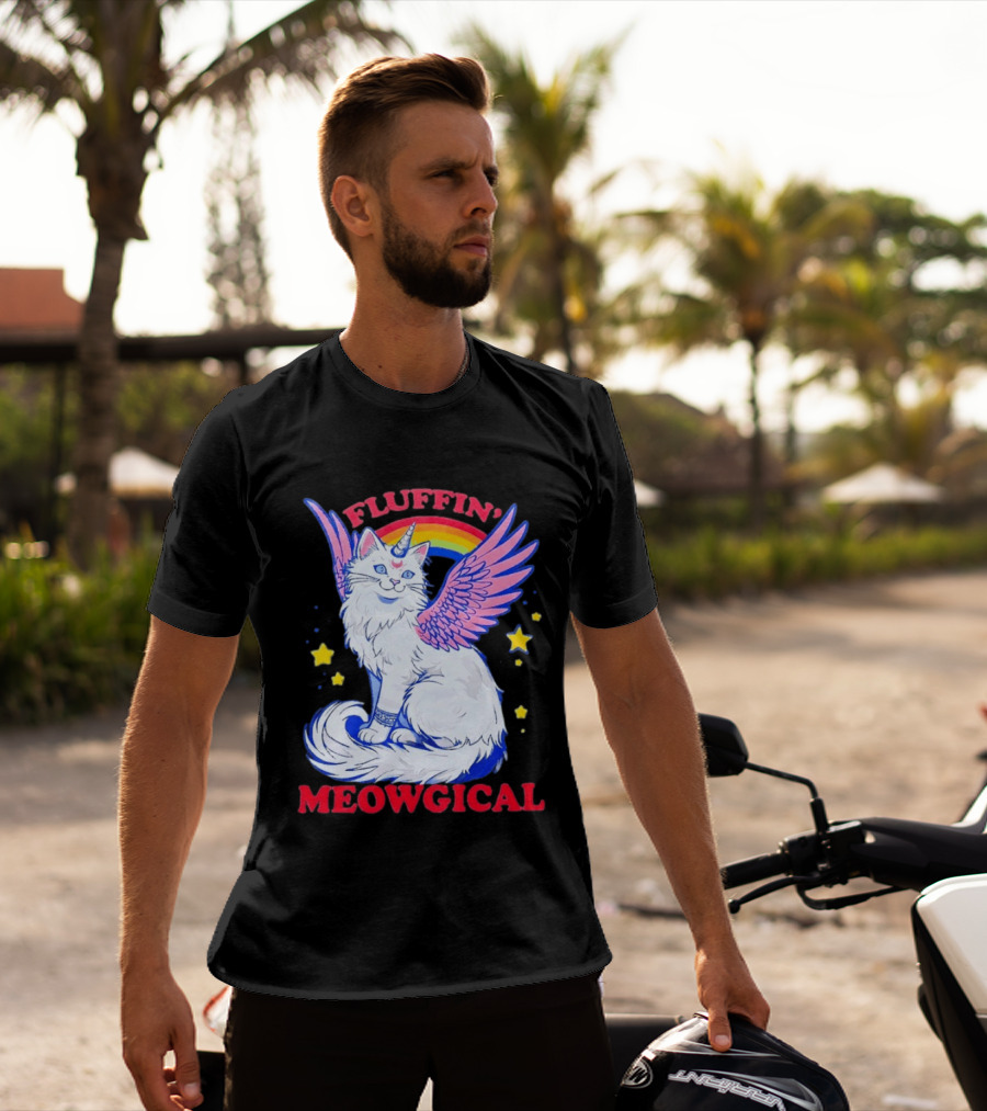 Fluffin' Meowgical Winged Unicorn Cat Rainbow Stars T-Shirt