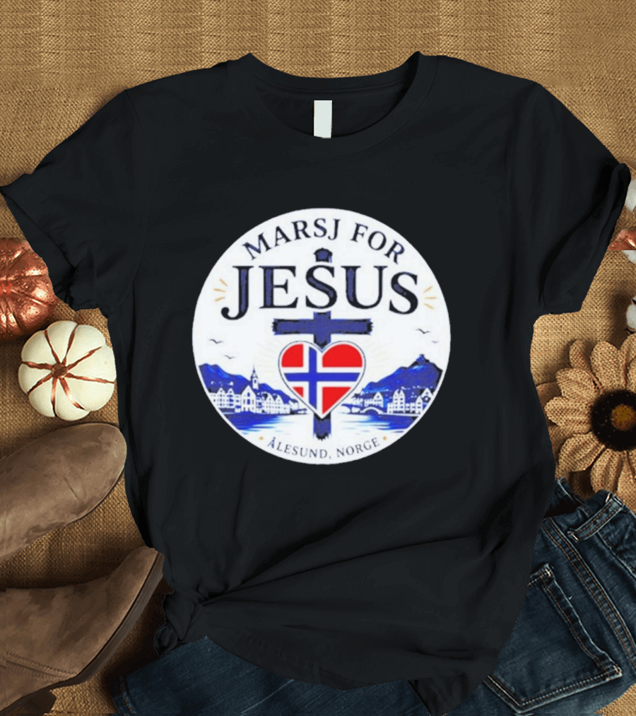 Marsj For Jesus Ålesund Norge Heart And Cross With Norwegian Flag T-Shirt
