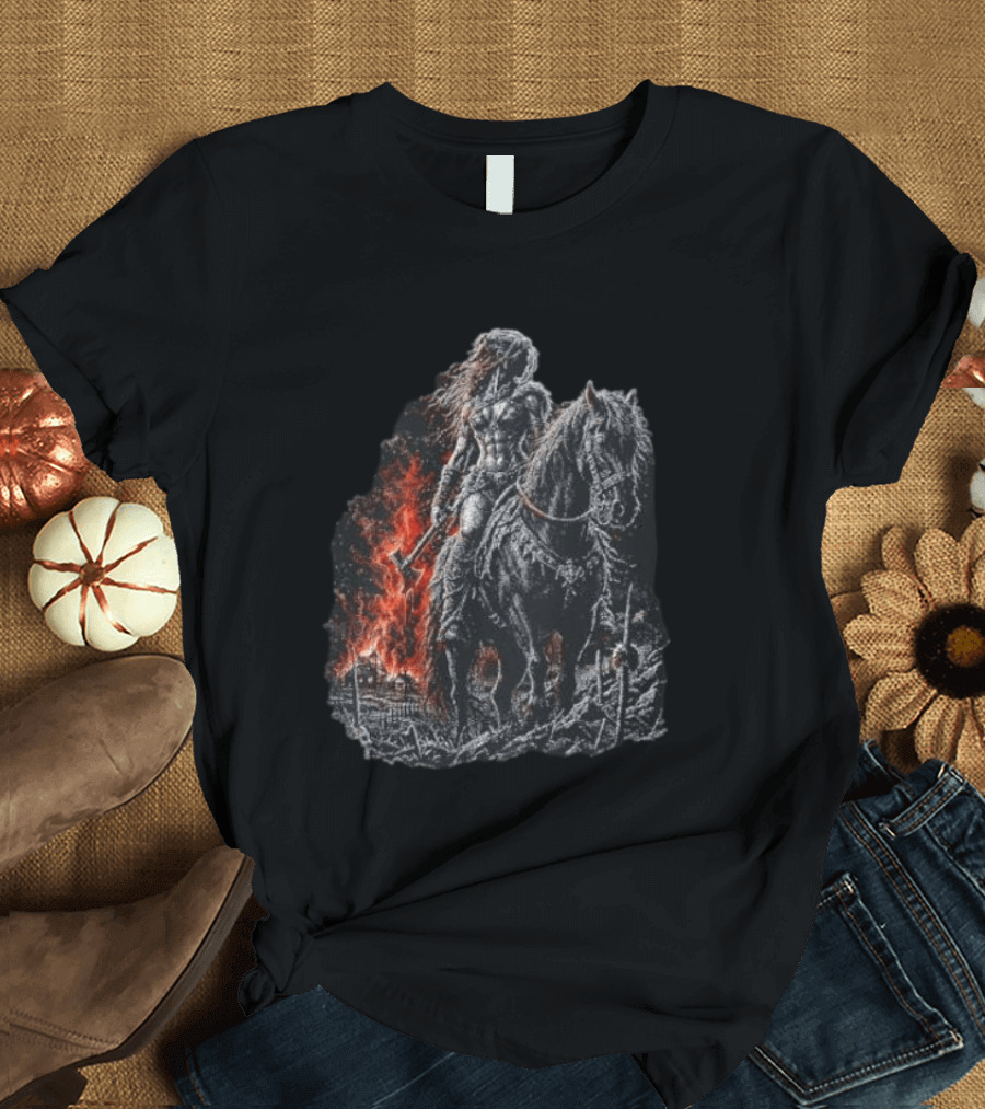 Barbarian Woman Dark Fantasy Warrior On Horseback With Axe And Fire T-Shirt