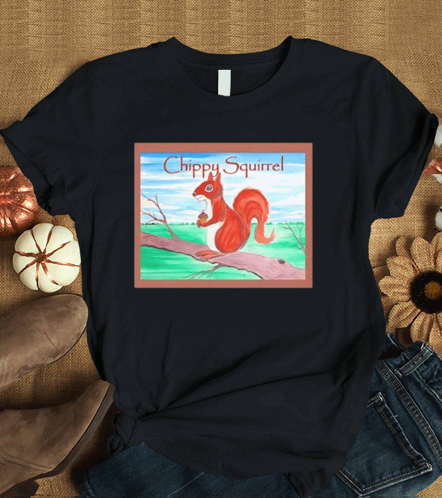 Chippy Squirrel Acorn On Tree Branch Nature Scene T-Shirt