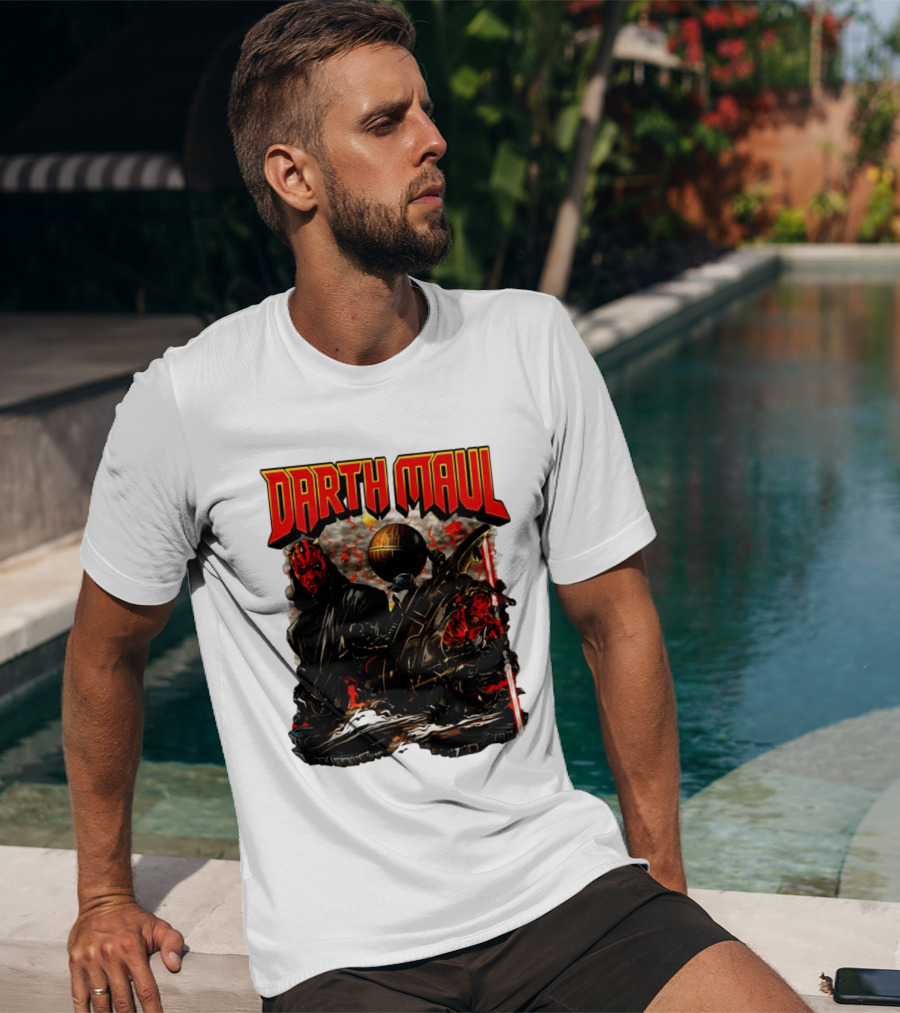 Darth Maul Star Wars Sith Warrior Battle Scene With Lightsaber And The Death Star T-Shirt