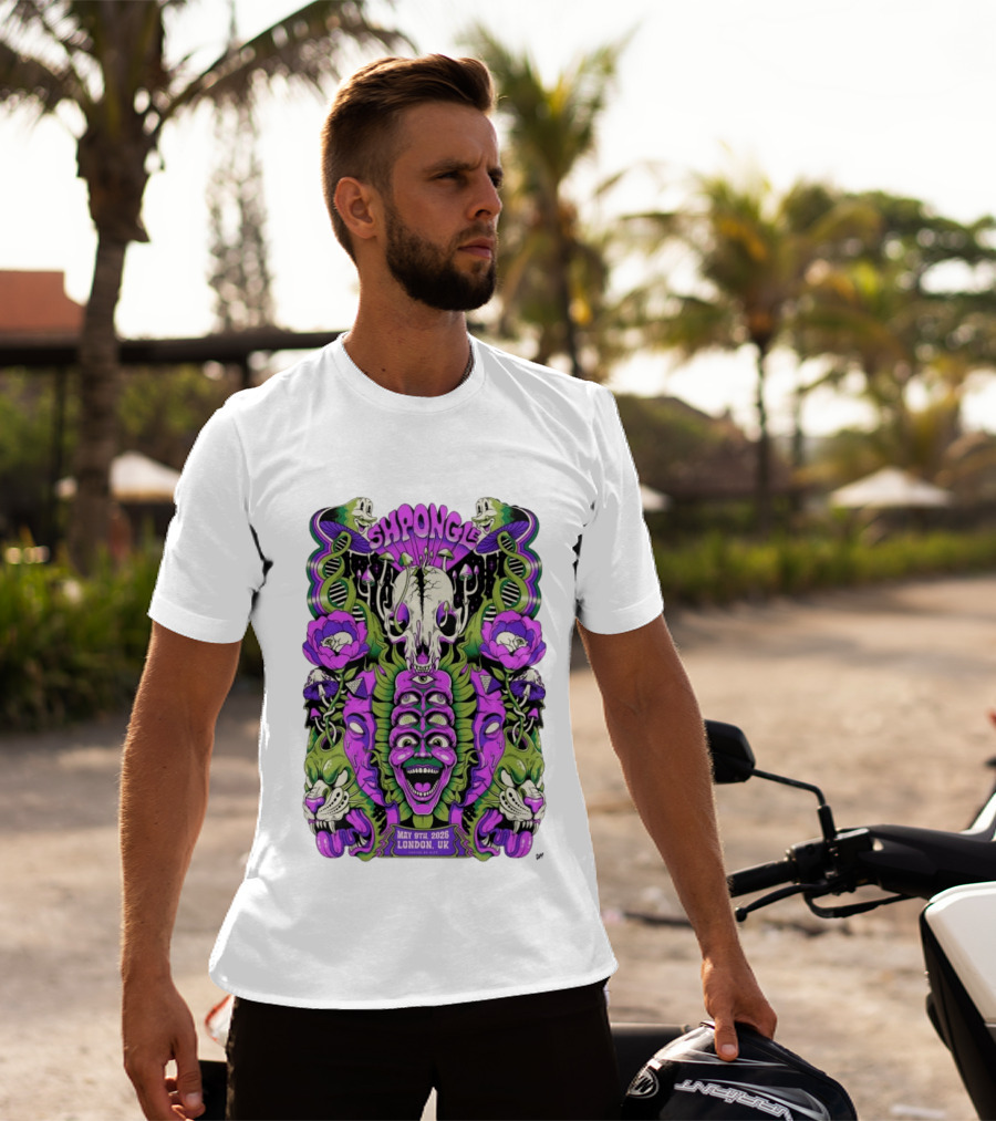Shpongle May 9th 2026 London UK Psychedelic Imagery Skeletons And Flowers T-Shirt