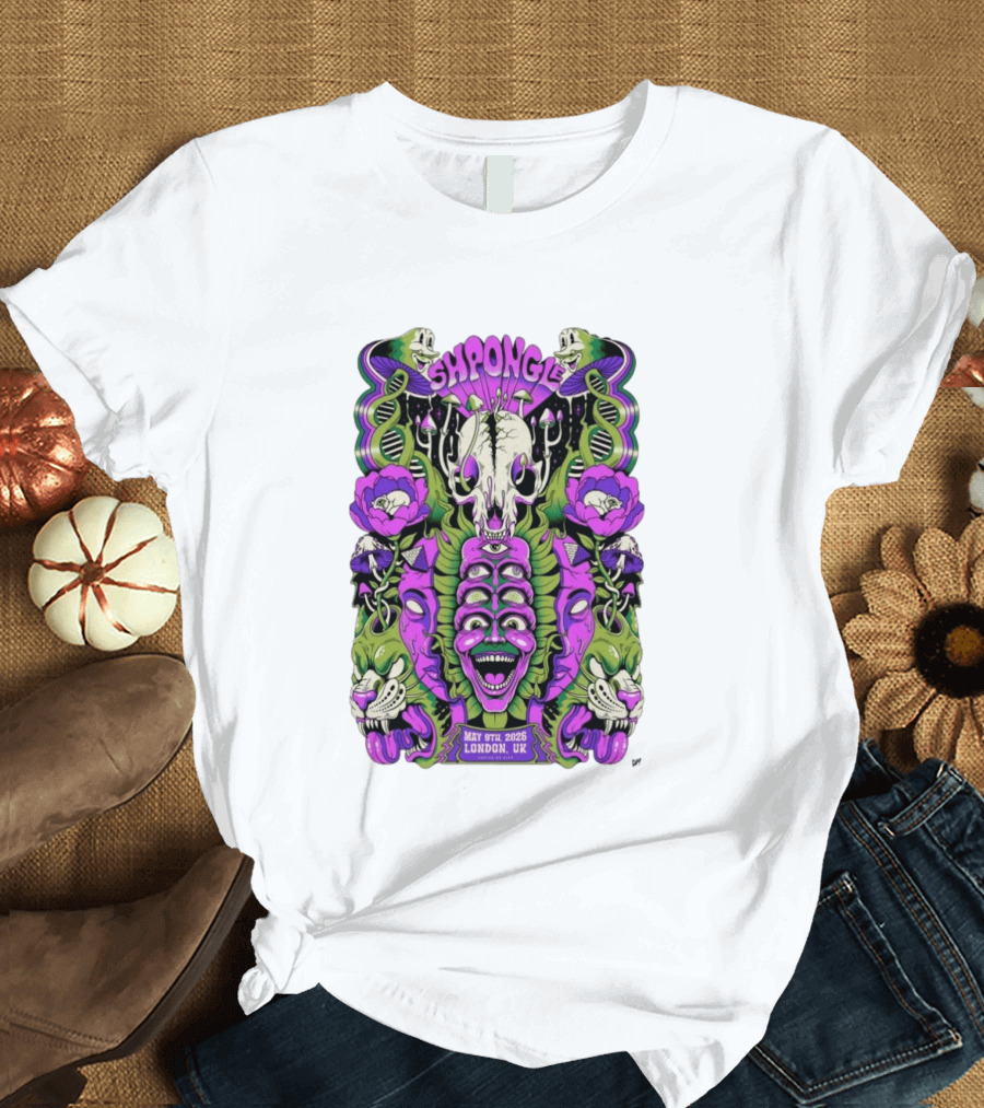 Shpongle May 9th 2026 London UK Psychedelic Imagery Skeletons And Flowers T-Shirt