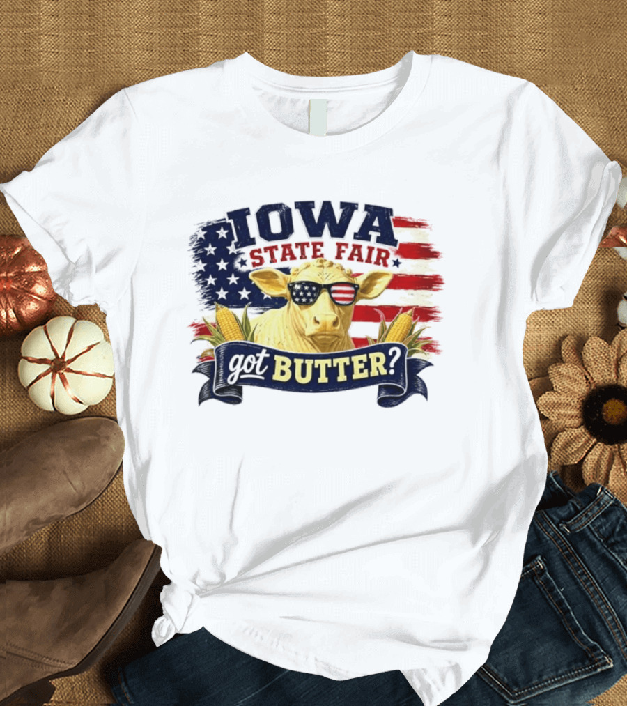 Iowa State Fair Cow Got Butter Corn American Flag T-Shirt
