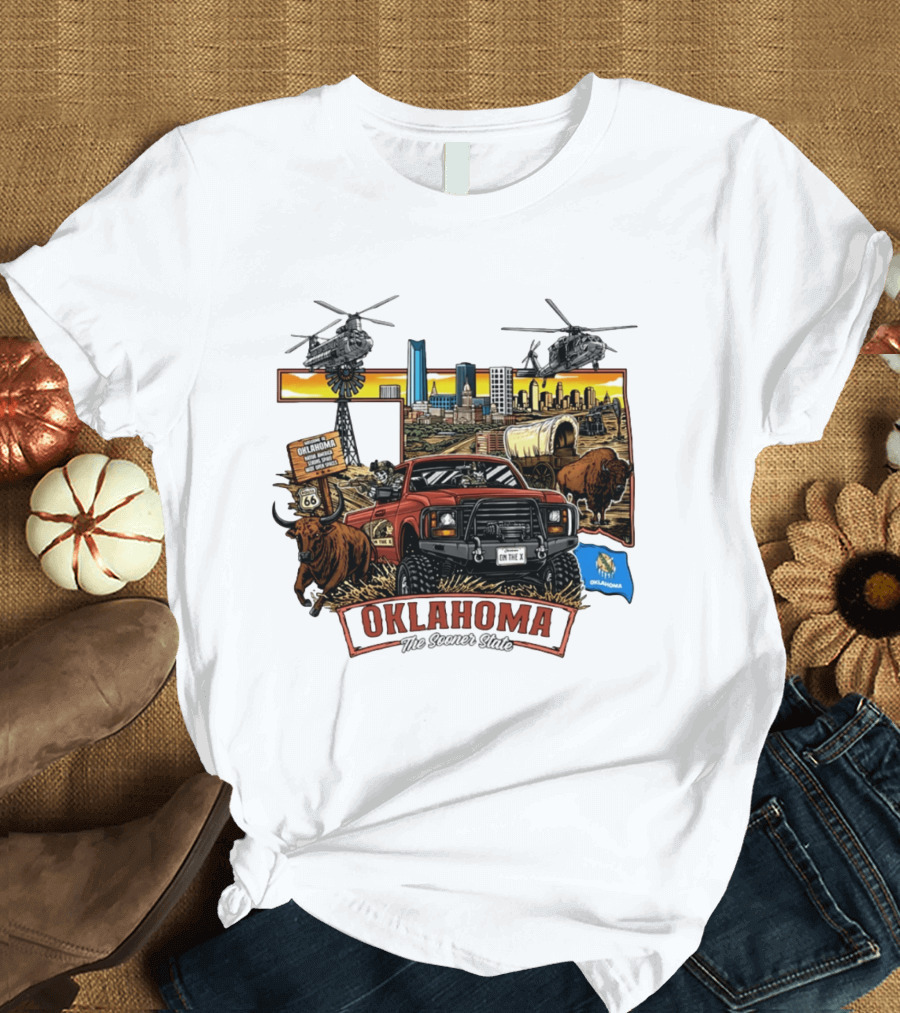 Oklahoma The Sooner State Route 66 Buffalo Cityscape Helicopters T-Shirt