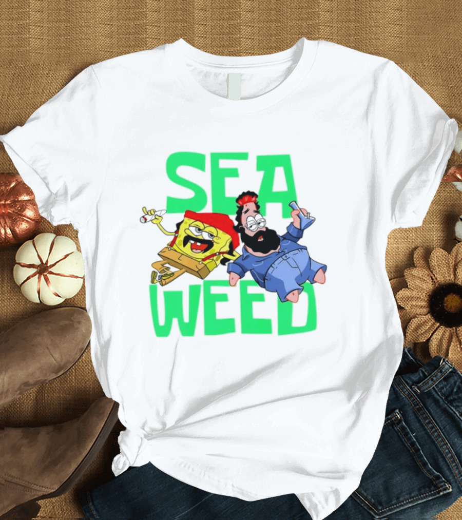 Sea Weed Sponge And Bearded Duo Cartoon Characters T-Shirt