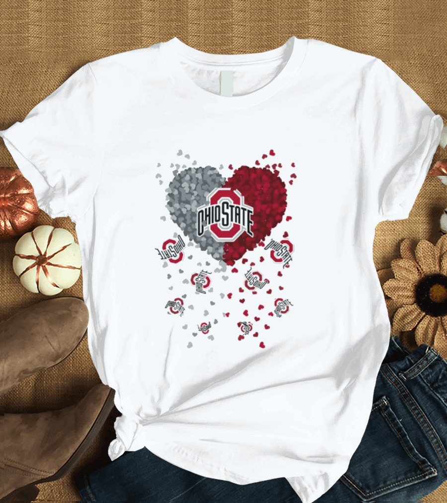 Heart Of Ohio State Buckeyes Football 2026 Red And Gray Hearts With Buckeye Logos T-Shirt