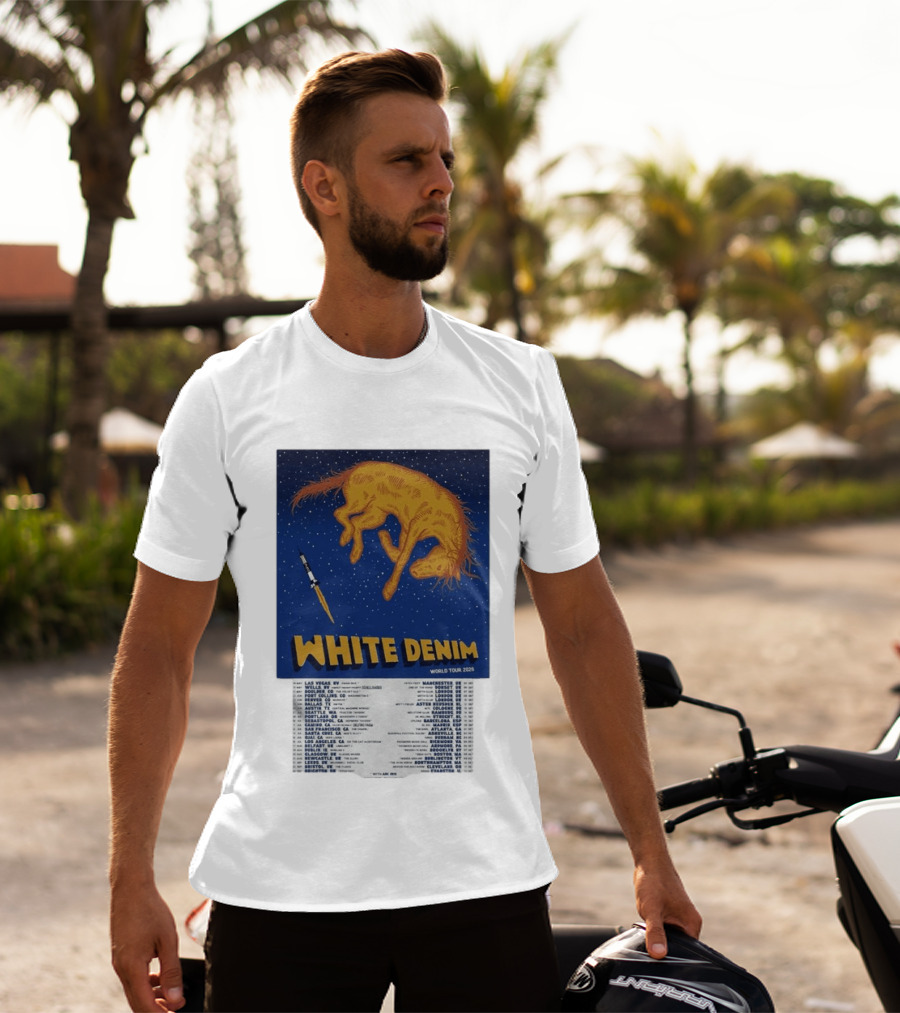 White Denim World Tour 2026 Tour Dates And Cities With Starry Night Horse Scene T-Shirt